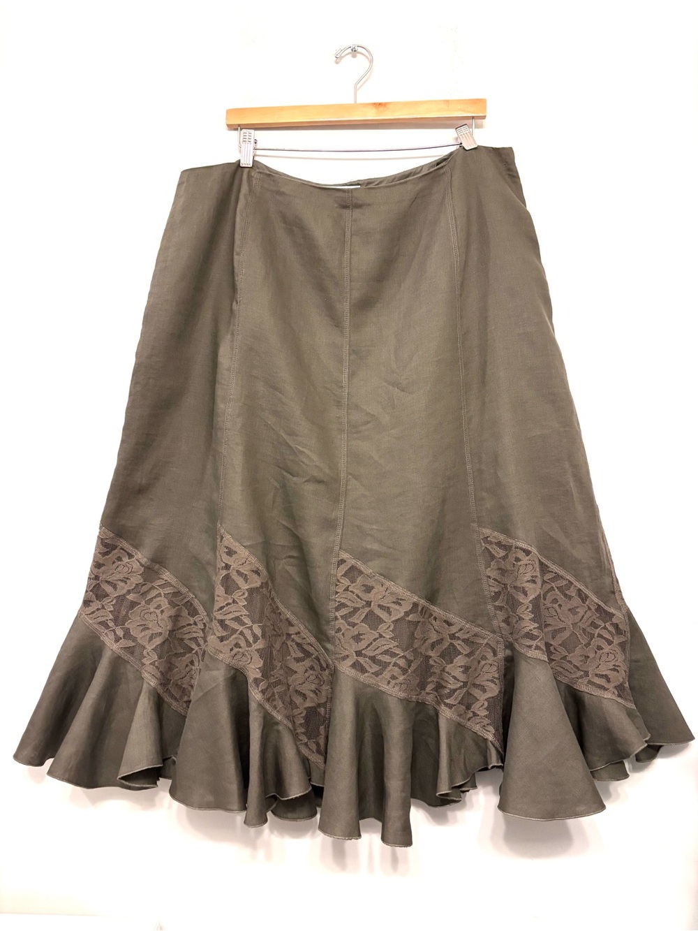 Nine West 100% Linen Flare Skirt Lace Panels Olive Green Bohemian Women’s sz 18W